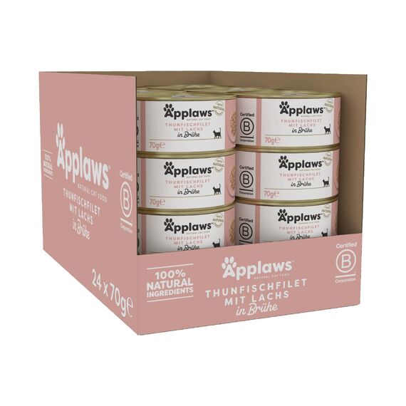 Applaws 100% natürliches Premium-Nassfutter für Katzen, Hühnerbrust und Thunfischfilet mit Lachs in Brühe - Packung mit 24 x 70g Dosen