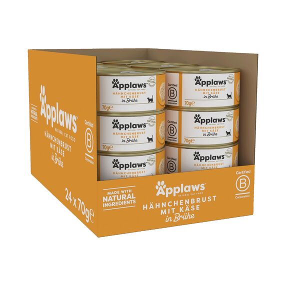 Applaws 100% natürliches Premium-Nassfutter für Katzen, Hühnerbrust mit Käse in Brühe - 70 g (24er Pack)