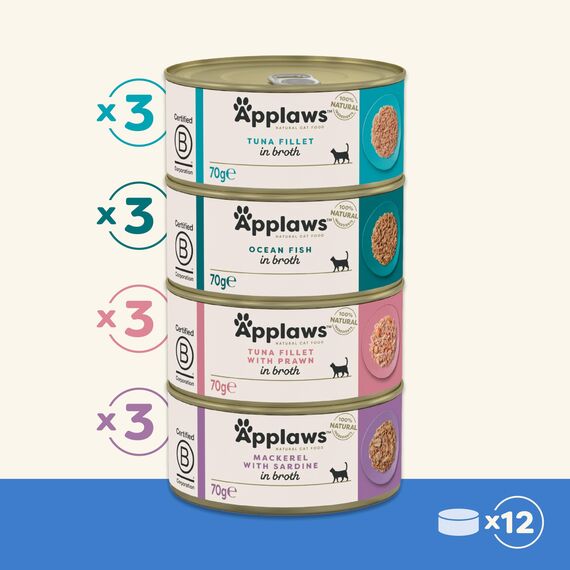 Applaws 100% natürliches Premium-Nassfutter für ausgewachsene Katzen, Fisch-Multipack-Auswahl in Brühe - Packung mit 12 x 70g Dosen