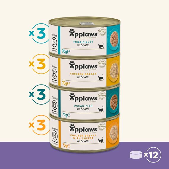 Applaws 100% natürliches Premium-Nassfutter für Katzen in Brühe für ausgewachsene Katzen - Thunfisch, Huhn, Meeresfisch Gemischte Auswahl in Brühe - Packung mit 12 x 70g Dosen (Packung mit 2)