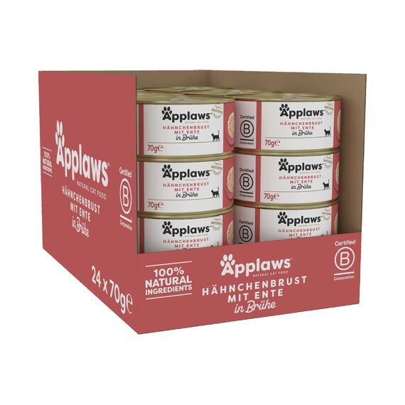Applaws 100% natürliches Premium-Nassfutter für Katzen, Hühnerbrust mit Ente in Brühe - Packung mit 24 x 70g Dosen