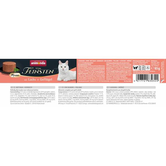 animonda vom Feinsten Mousse Katzenfutter nass Lachs + Geflügel (12 x 85g), getreidefreies Katzenfutter nass ohne Zucker, mit frischen, fleischigen Zutaten