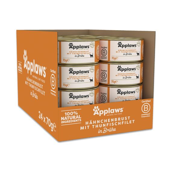 Applaws 100 % natürliches Nassfutter für ausgewachsene Katzen, Hähnchenbrust mit Thunfischfilet in Brühe, 24 × 70 g Dosen