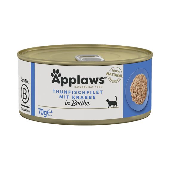Applaws 100% natürliches Premium-Nassfutter für Katzen, Thunfischfilet mit Krabben in Brühe für ausgewachsene Katzen - Packung mit 24 x 70g Dosen
