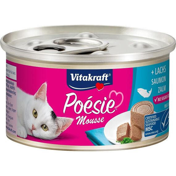 Vitakraft Poésie Mousse, Katzennassfutter, luftige Mousse mit Lachs, in Vorratsgröße, ohne Zusatz von Zucker (12x 85g)