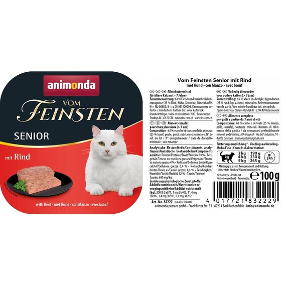 animonda vom Feinsten Senior Katzenfutter nass Nassfutter mit Rind (32x 100g), Katzenfutter ab 7 Jahren, ohne Getreide ohne Zucker, mit frischen, fleischigen Zutaten