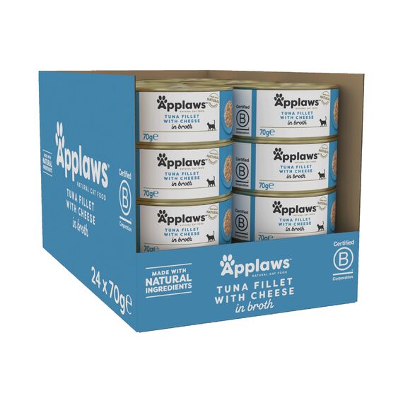 Applaws Premium Natural Katzenfutter Nass, Thunfisch mit Käse in Brühe 70g Dose (24x70g)