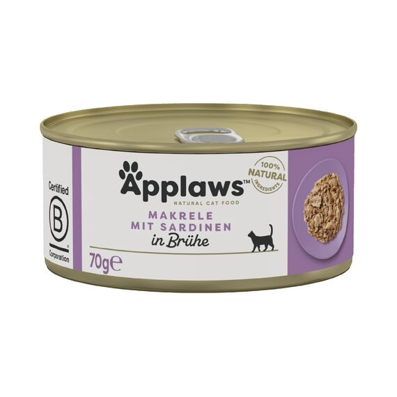 Applaws 100% natürliches Premium-Nassfutter für Katzen, Makrele mit Sardine in Brühe - Packung mit 24 x 70g Dosen