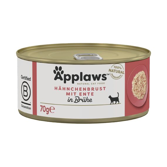 Applaws 100% natürliches Premium-Nassfutter für Katzen, Hühnerbrust mit Ente in Brühe - Packung mit 24 x 70g Dosen