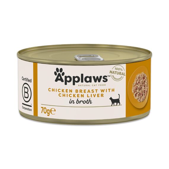 Applaws 100 % natürliches Nassfutter für ausgewachsene Katzen, Hähnchenbrust mit Hühnerleber in Brühe, 24 × 70 g Dosen
