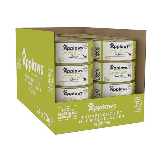 Applaws 100% natürliches Premium-Nassfutter für Katzen, Thunfischfilet mit Algen in Brühe für ausgewachsene Katzen - 24 x 70g Dosen