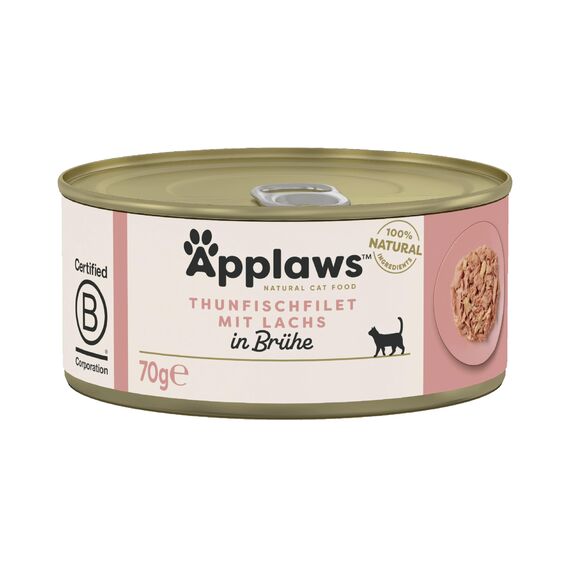 Applaws 100% natürliches Premium-Nassfutter für Katzen, Hühnerbrust und Thunfischfilet mit Lachs in Brühe - Packung mit 24 x 70g Dosen