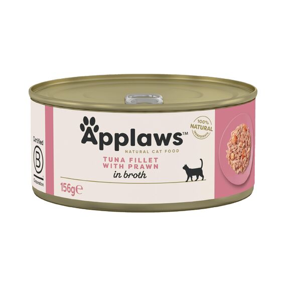 Applaws 100% Natürliches Nassfutter für Katzen, Thunfischfilet mit Garnelen, 156 g Dosen, 6er Pack