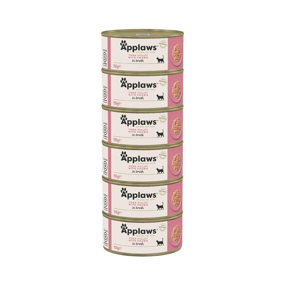 Applaws 100% Natürliches Nassfutter für Katzen, Thunfischfilet mit Garnelen, 156 g Dosen, 6er Pack