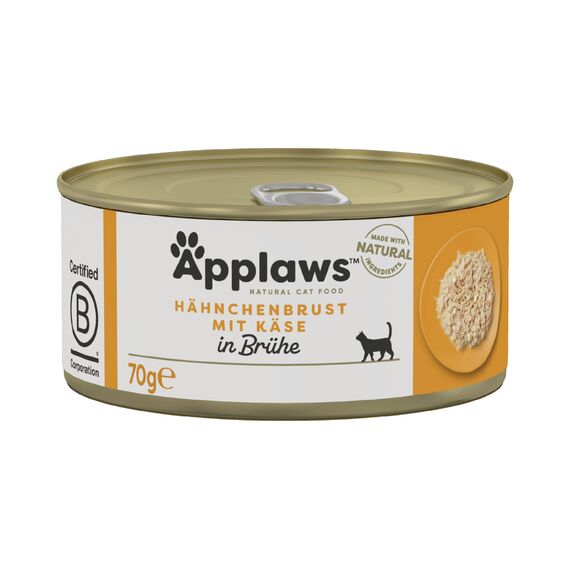 Applaws 100% natürliches Premium-Nassfutter für Katzen, Hühnerbrust mit Käse in Brühe - 70 g (24er Pack)