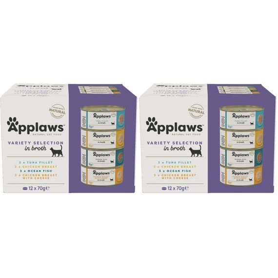 Applaws 100% natürliches Premium-Nassfutter für Katzen in Brühe für ausgewachsene Katzen - Thunfisch, Huhn, Meeresfisch Gemischte Auswahl in Brühe - Packung mit 12 x 70g Dosen (Packung mit 2)