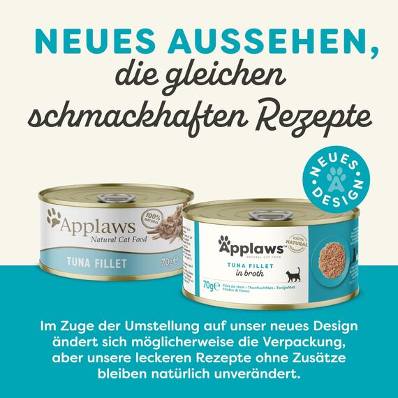 Applaws 100% Natural Thunfischfilet Nassfutter in Brühe für ausgewachsene Katzen - 24 x 70g Dosen