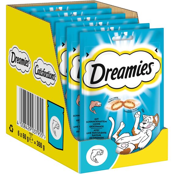 Dreamies Klassiker Katzensnacks mit Lachs – Traumhaft knusprige Taschen mit zarter Füllung – 6 x 60g