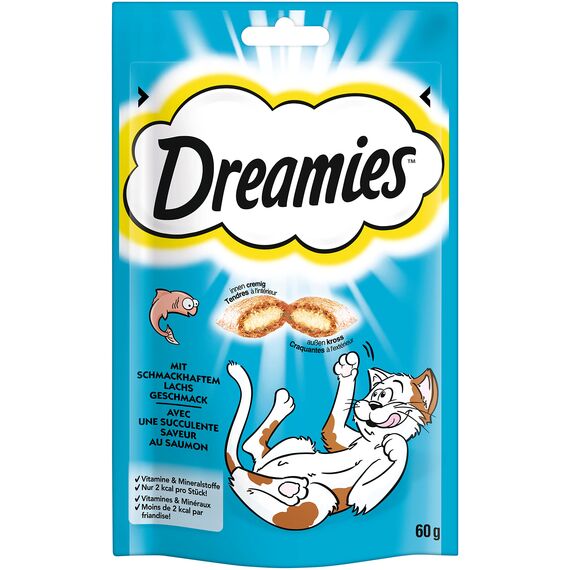 Dreamies Klassiker Katzensnacks mit Lachs – Traumhaft knusprige Taschen mit zarter Füllung – 6 x 60g