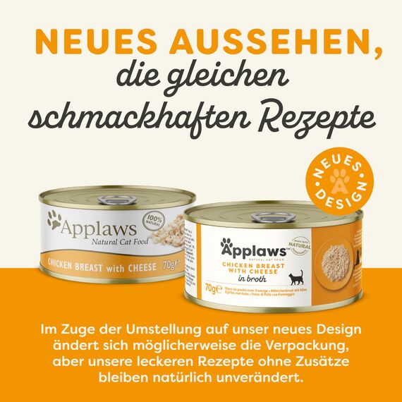 Applaws 100% natürliches Premium-Nassfutter für Katzen, Hühnerbrust mit Käse in Brühe - 70 g (24er Pack)