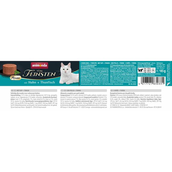 animonda vom Feinsten Mousse Katzenfutter nass Huhn + Thunfisch (12 x 85g), getreidefreies Katzenfutter nass ohne Zucker, mit frischen, fleischigen Zutaten