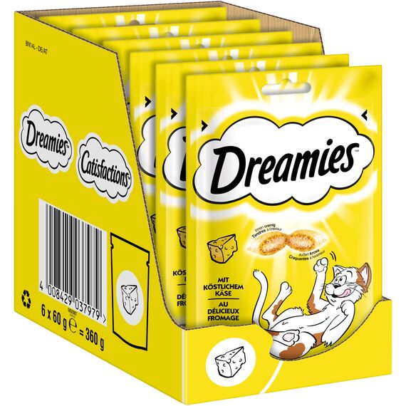 Dreamies Katzensnacks mit Käsegeschmack, 6er Pack, 6x60g – Außen knusprige & innen cremige Katzenleckerlis