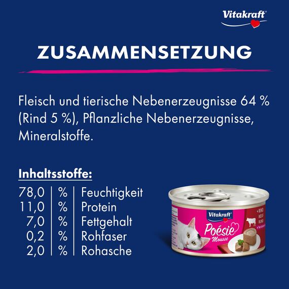 Vitakraft Poésie Mousse, Nassfutter Katze, luftige Mousse, mit Rind, ohne Zusatz von Zucker und Getreide (12x 85g)