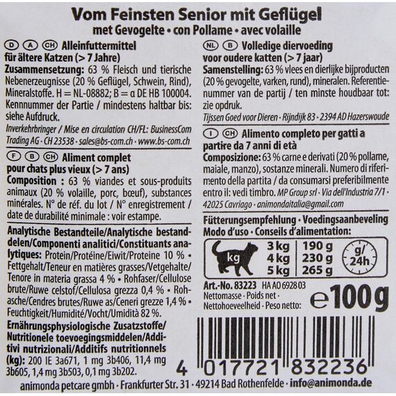 animonda Vom Feinsten Senior mit Geflügel (32 x 100 g), Senior Nassfutter für ältere Katzen ab 7 Jahren, Katzenfutter ohne Getreide und Zucker, mit 100 % frischen, fleischlichen Zutaten
