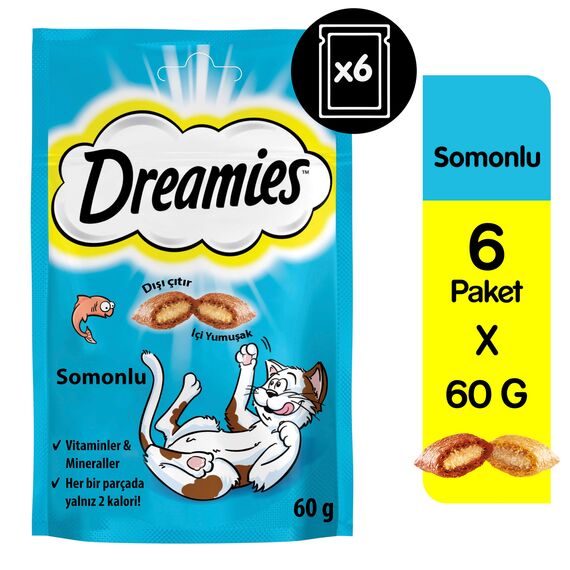 Dreamies Klassiker Katzensnacks mit Lachs – Traumhaft knusprige Taschen mit zarter Füllung – 6 x 60g (Packung mit 2)