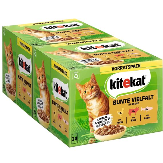 Kitekat Katzenfutter Nassfutter Bunte Vielfalt in Sauce – Feuchtfutter in 48 Portionsbeuteln – 2er Pack (2 x 24 Portionsbeutel à 85g)