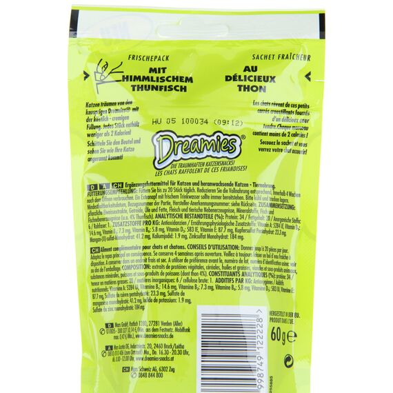 Dreamies Klassiker Katzensnacks mit Thunfisch – Traumhaft knusprige Taschen mit zarter Füllung – 6 x 60g (Packung mit 2)