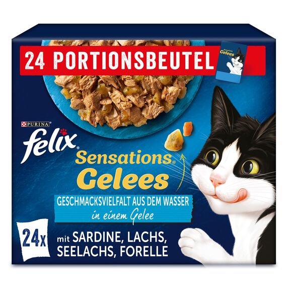 Felix Sensations Gelees Katzenfutter nass in Gelee, Geschmacksvielfalt aus dem Wasser, 4er Pack(4 x 24 Beutel à 85g)