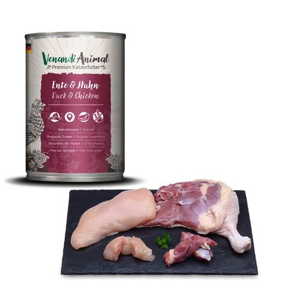 Venandi - Premium Nassfutter für Katzen - Ente & Huhn, 6 x 400g (6er Pack), getreidefrei mit extra viel Fleisch