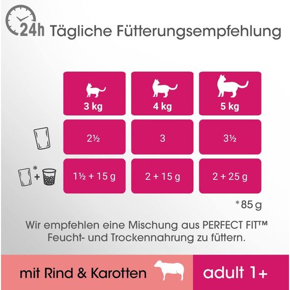 Perfect Fit Katzenfutter Nassfutter Adult 1+ mit Rind & Karotten in Sauce, 12 Portionsbeutel (12 x 85g)