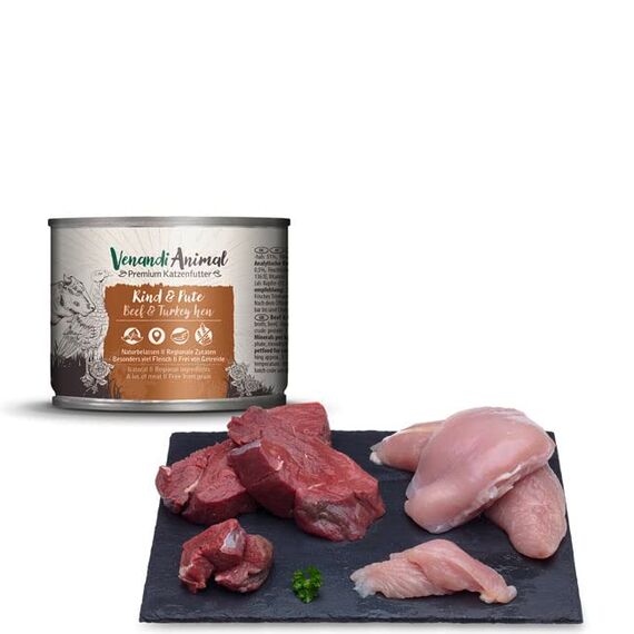 Venandi - Premium Nassfutter für Katzen - Rind & Pute, 6 x 200g (6er Pack), getreidefrei mit extra viel Fleisch
