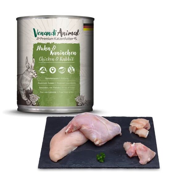 Venandi - Premium Nassfutter für Katzen - Huhn & Kaninchen 6 x 800g (6er Pack), getreidefrei mit extra viel Fleisch