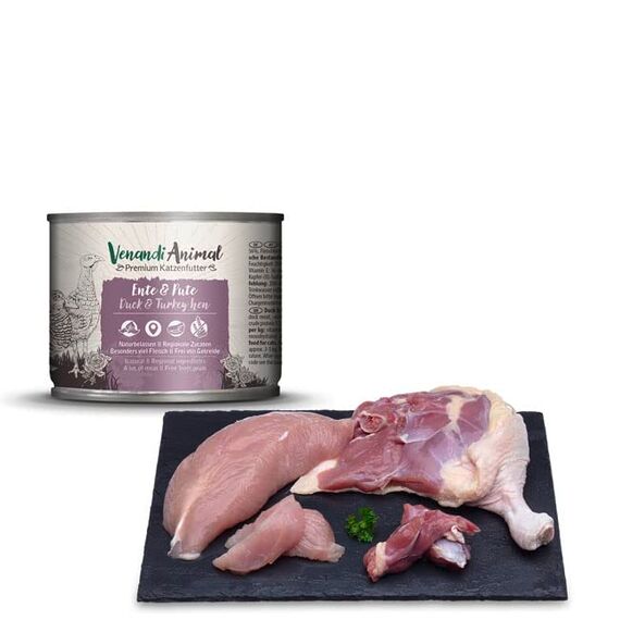 Venandi - Premium Nassfutter für Katzen - Ente & Pute, 6 x 200g (6er Pack), getreidefrei mit extra viel Fleisch