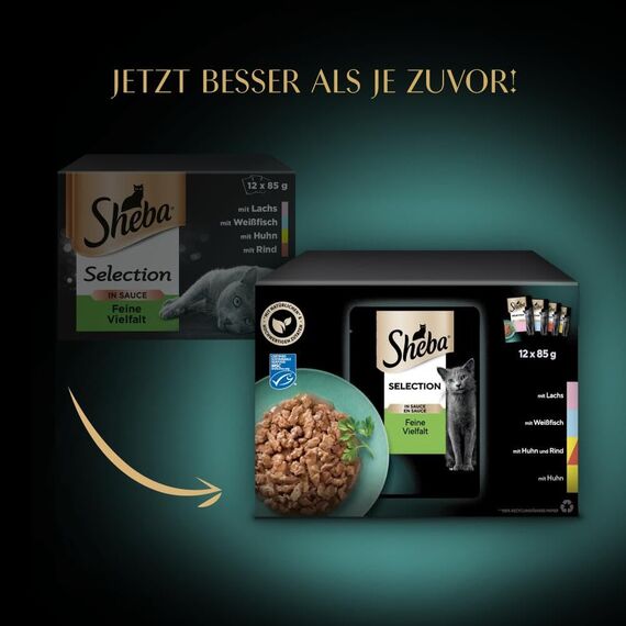 Sheba Selection in Sauce Katzennassfutter – Feine Vielfalt (MSC) – Hochwertiges Feuchtfutter in 48 Portionsbeuteln für Katzen – Katzenfutter – 4er Pack (4 x 12 Portionsbeutel à 85g)