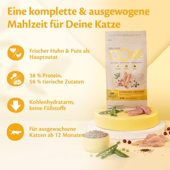 Wellness CORE Sterilised Original 300g, Huhn & Truthahn – Katzenfutter Trocken für Sterilisierte Katzen, getreidefrei, natürlich, hypoallergen, proteinreich, für eine gesunde Gewichtsregulierung