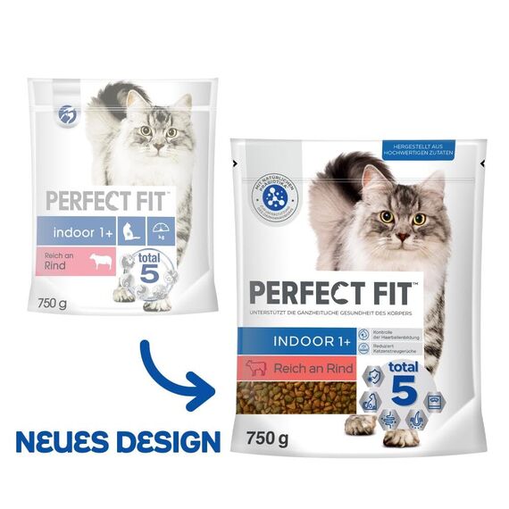 PERFECT FIT Indoor Adult Trockenfutter für erwachsene Katzen ab 1 Jahr - Rind, 750g (6 Beutel)