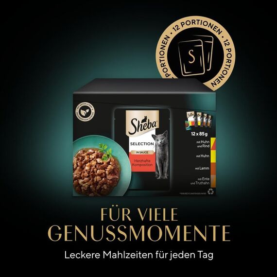 Sheba Katzennassfutter Selection in Sauce, 48 Portionsbeutel, 12x85g (4er Pack) – Katzenfutter nass, Herzhafte Komposition in Sauce für ausgewachsene Katzen