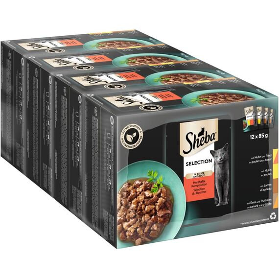 Sheba Katzennassfutter Selection in Sauce, 48 Portionsbeutel, 12x85g (4er Pack) – Katzenfutter nass, Herzhafte Komposition in Sauce für ausgewachsene Katzen
