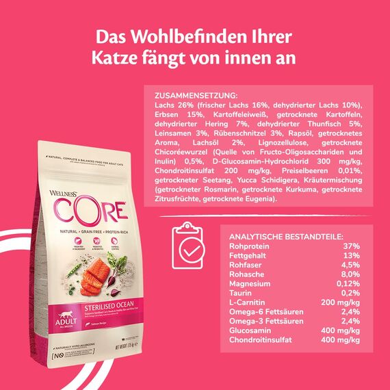 Wellness CORE Sterilised Ocean 4 kg, Lachs – Katzenfutter Trocken für sterilisierte Katzen, getreidefrei, natürlich, hypoallergen, proteinreich, unterstützt gesunde Haut und glänzendes Fell