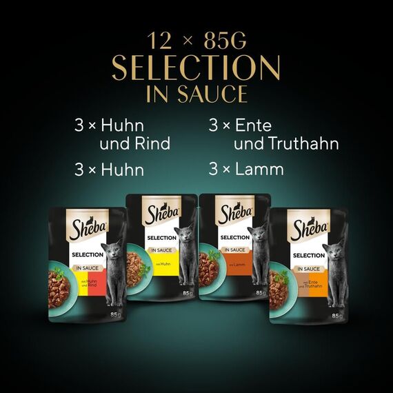 Sheba Katzennassfutter Selection in Sauce, 48 Portionsbeutel, 12x85g (4er Pack) – Katzenfutter nass, Herzhafte Komposition in Sauce für ausgewachsene Katzen