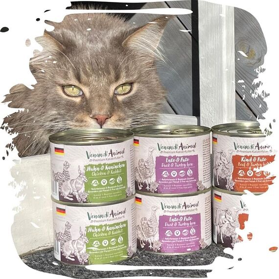 Venandi - Premium Nassfutter für Katzen - Ente & Pute, 6 x 800g (6er Pack), getreidefrei mit extra viel Fleisch
