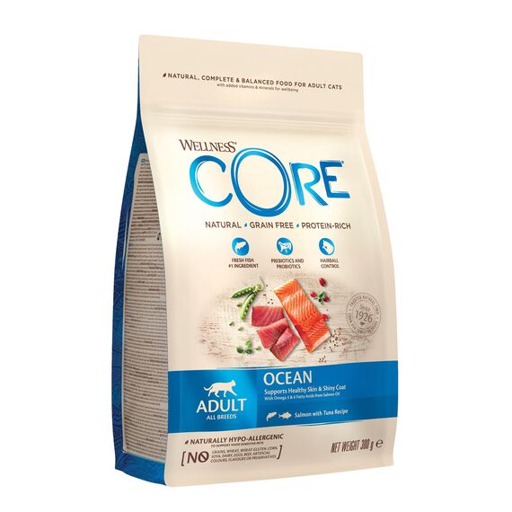 Wellness CORE Ocean 300g, Lachs & Thunfisch – Katzenfutter Trocken für ausgewachsene Katzen, getreidefrei, natürlich, hypoallergen, proteinreich, unterstützt gesunde Haut und glänzendes Fell