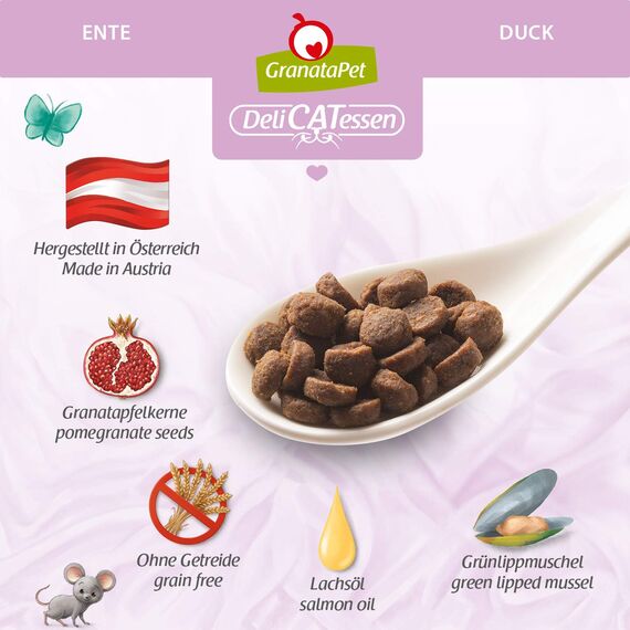 GranataPet DeliCatessen Ente Adult, Trockenfutter für Katzen, schmackhaftes Katzenfutter, Alleinfuttermittel ohne Getreide & ohne Zuckerzusätze, 300 g