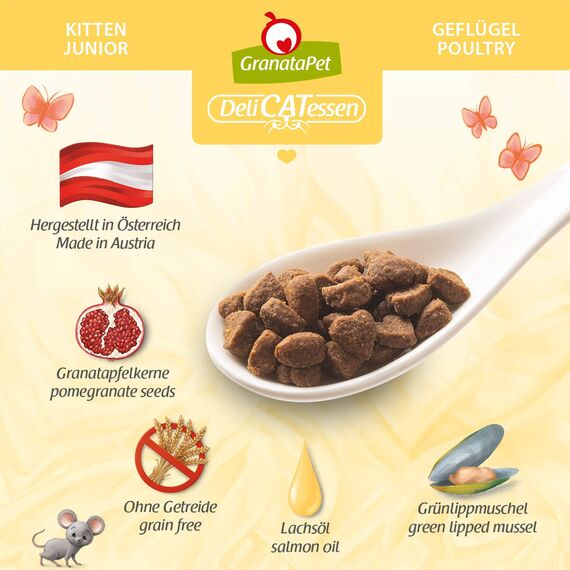 GranataPet DeliCatessen Kitten / Junior Geflügel, Trockenfutter für Katzen, schmackhaftes Katzenfutter, Alleinfuttermittel ohne Getreide & ohne Zuckerzusätze, 300 g