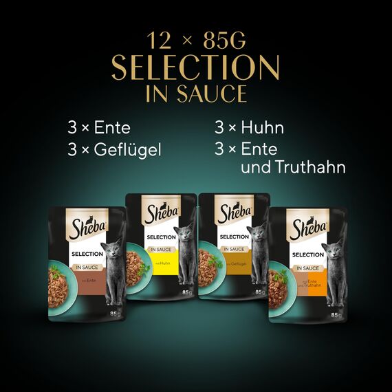 Sheba Selection in Sauce Katzennahrung – Katzenfutter in 48 Portionsbeuteln – Geflügel Variation in Sauce für ausgewachsene Katzen – 4er Pack (4 x 12 Portionsbeutel à 85g)