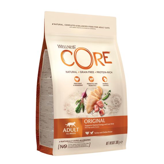 Wellness CORE Original 300g, Huhn & Truthahn – Katzenfutter Trocken für ausgewachsene Katzen, getreidefrei, natürlich, hypoallergen, proteinreich, für optimale Energie und einen schlanken Körper